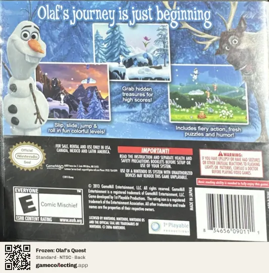 Frozen: Olaf's Quest Nintendo DS, NTSC box back