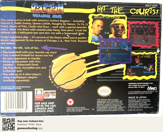 Rap Jam: Volume One Super Nintendo Entertainment System, NTSC box back