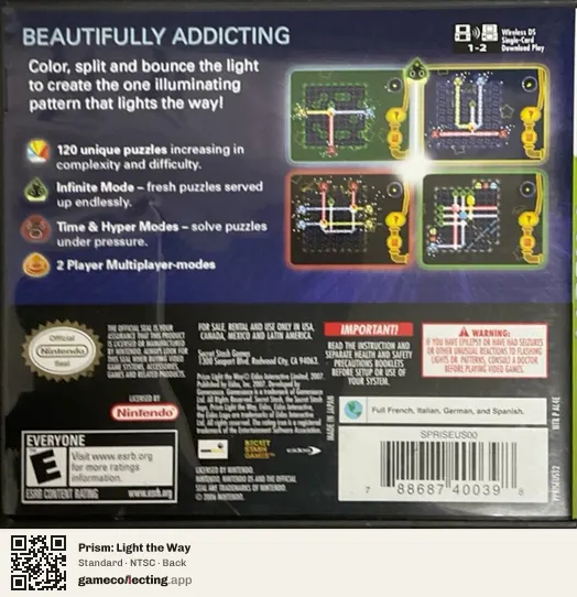 Prism: Light the Way Nintendo DS, NTSC box back