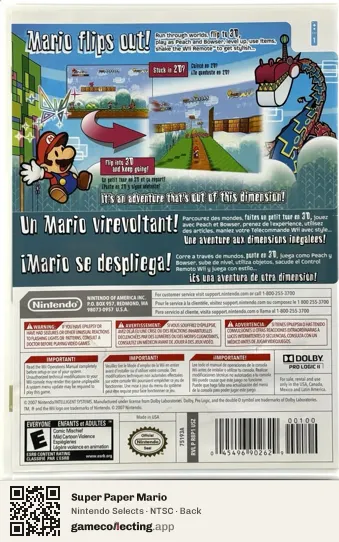 Super Paper Mario Nintendo Wii, NTSC box back