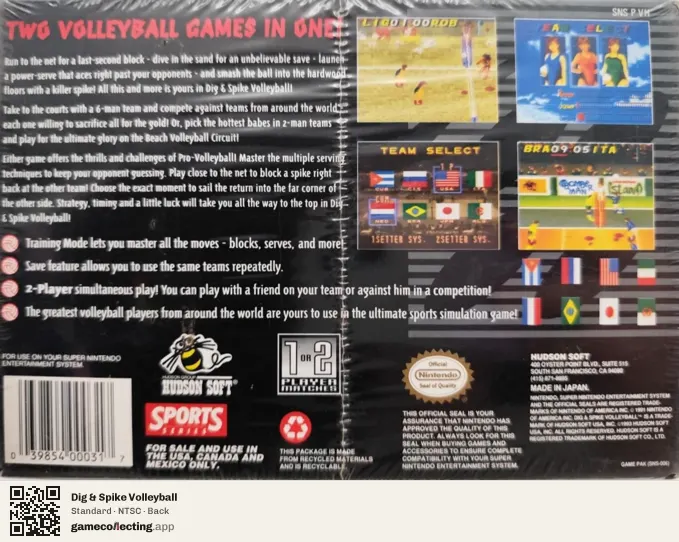 Dig & Spike Volleyball Super Nintendo Entertainment System, NTSC box back