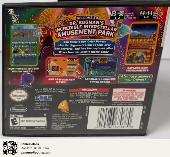 Sonic Colors Nintendo DS, NTSC box back