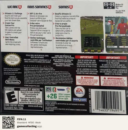 FIFA 11 Nintendo DS, NTSC box back