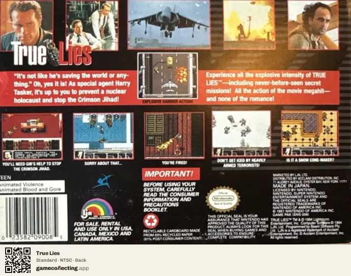 True Lies Super Nintendo Entertainment System, NTSC box back