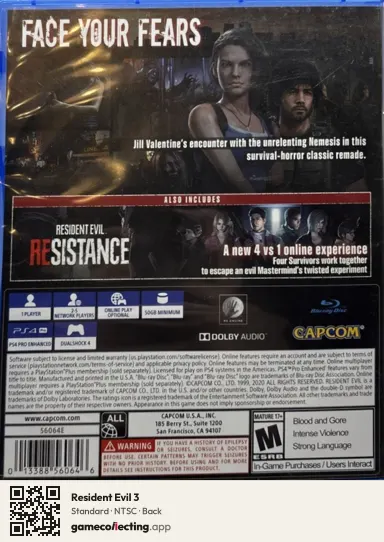 Resident Evil 3 PlayStation 4, NTSC box back