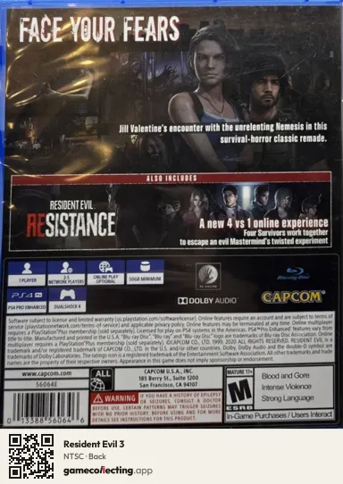 Resident Evil 3 PlayStation 4, NTSC box back