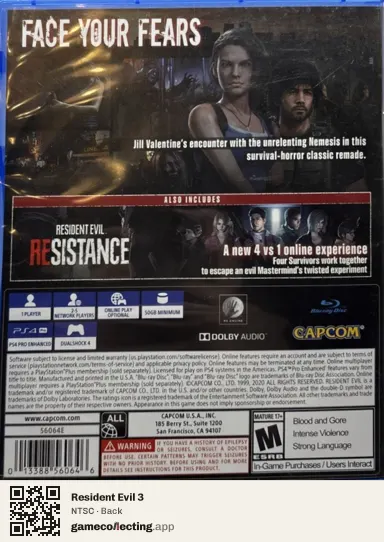 Resident Evil 3 PlayStation 4, NTSC box back