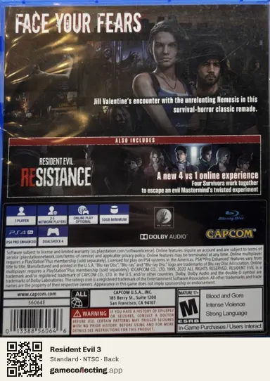 Resident Evil 3 PlayStation 4, NTSC box back