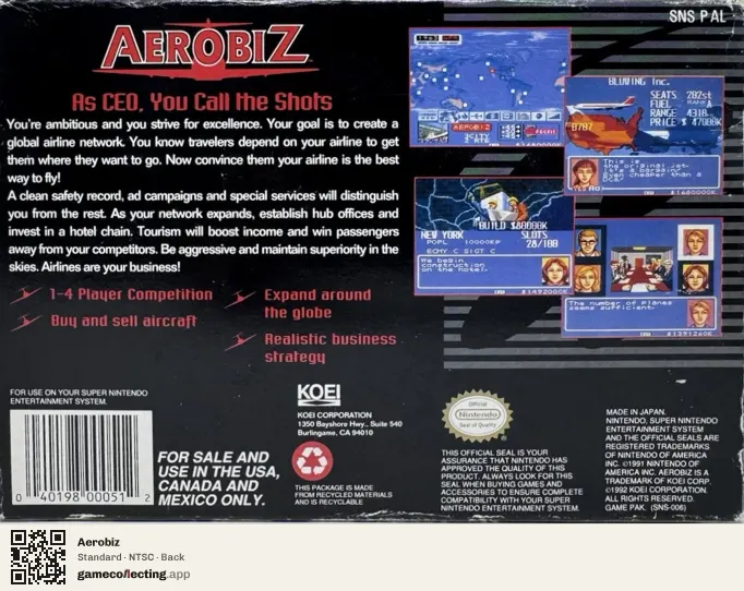 Aerobiz Super Nintendo Entertainment System, NTSC box back