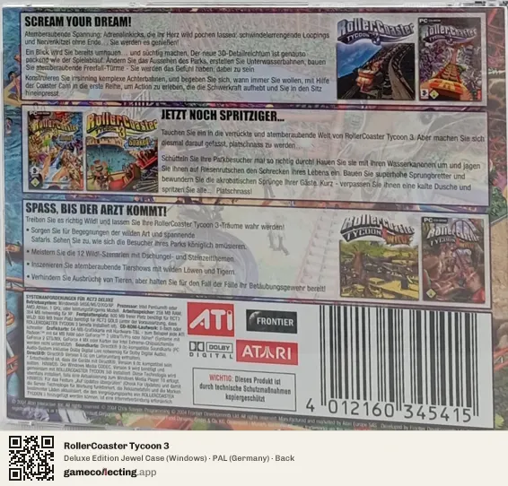 RollerCoaster Tycoon 3 Computer, Germany box back