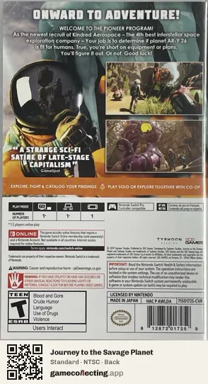 Journey to the Savage Planet Nintendo Switch, NTSC box back