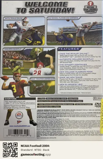 NCAA Football 2004 PlayStation 2, NTSC box back