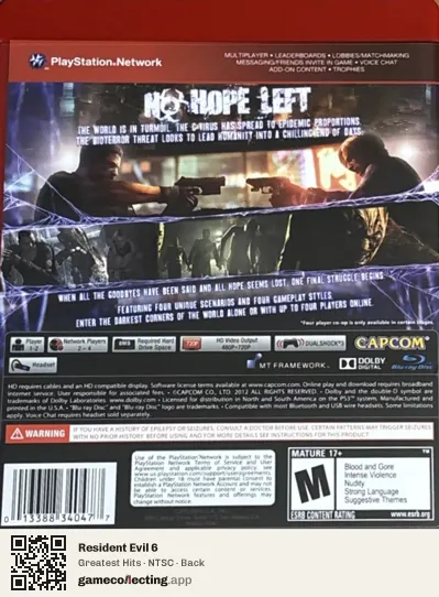 Resident Evil 6 PlayStation 3, NTSC box back