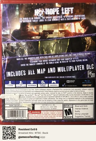 Resident Evil 6 PlayStation 4, NTSC box back