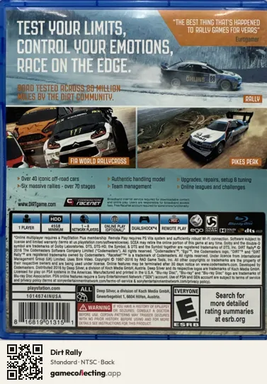 Dirt Rally PlayStation 4, NTSC box back