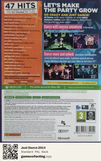 Just Dance 2014 Xbox 360, PAL box back