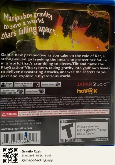 Gravity Rush PlayStation Vita, NTSC box back