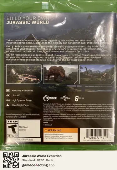 Jurassic World Evolution Xbox One, NTSC box back