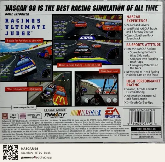 NASCAR 98 PlayStation, NTSC box back