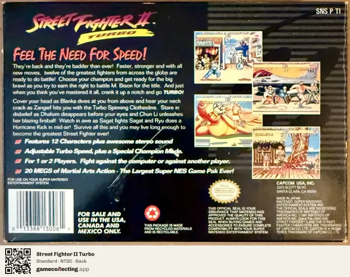 Street Fighter II Turbo Super Nintendo Entertainment System, NTSC box back