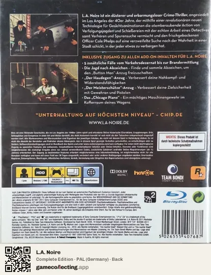 L.A. Noire PlayStation 3, Germany box back