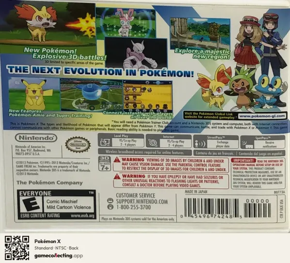 Pokémon X Nintendo 3DS, NTSC box back