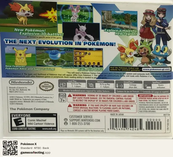 Pokémon X Nintendo 3DS, NTSC box back