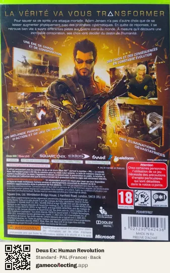 Deus Ex: Human Revolution Xbox 360, France box back