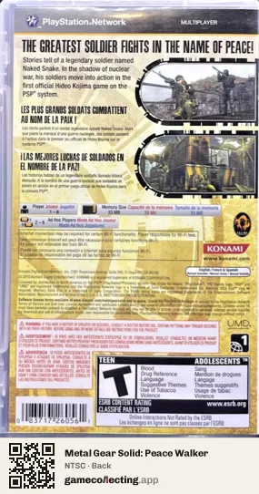 Metal Gear Solid: Peace Walker PlayStation Portable, NTSC box back