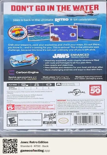 Jaws: Retro Edition Nintendo Switch, NTSC box back