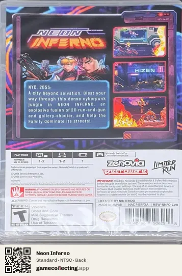 Neon Inferno Nintendo Switch, NTSC box back