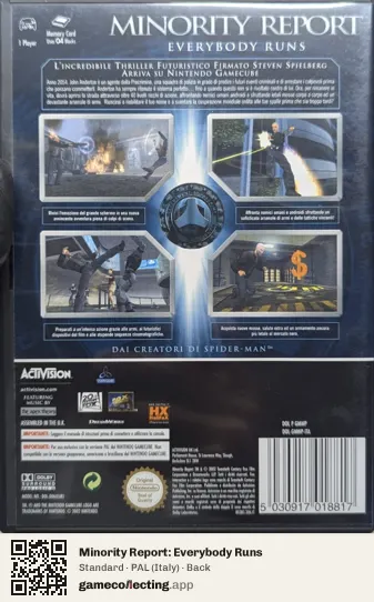 Minority Report: Everybody Runs Nintendo GameCube, Italy box back