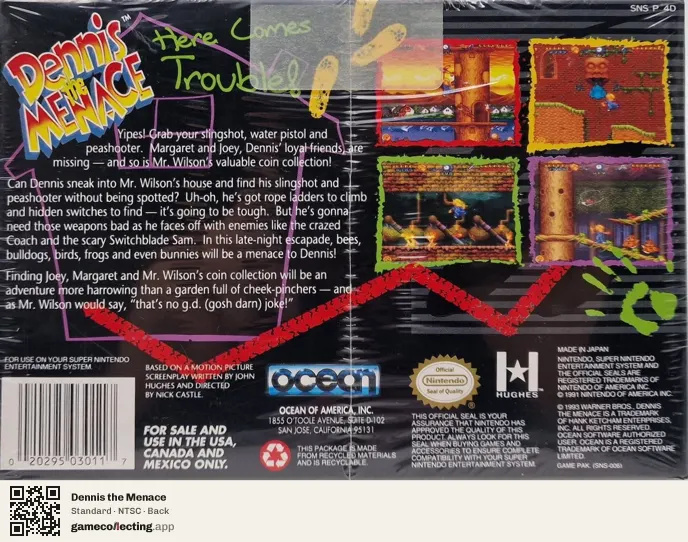 Dennis the Menace Super Nintendo Entertainment System, NTSC box back