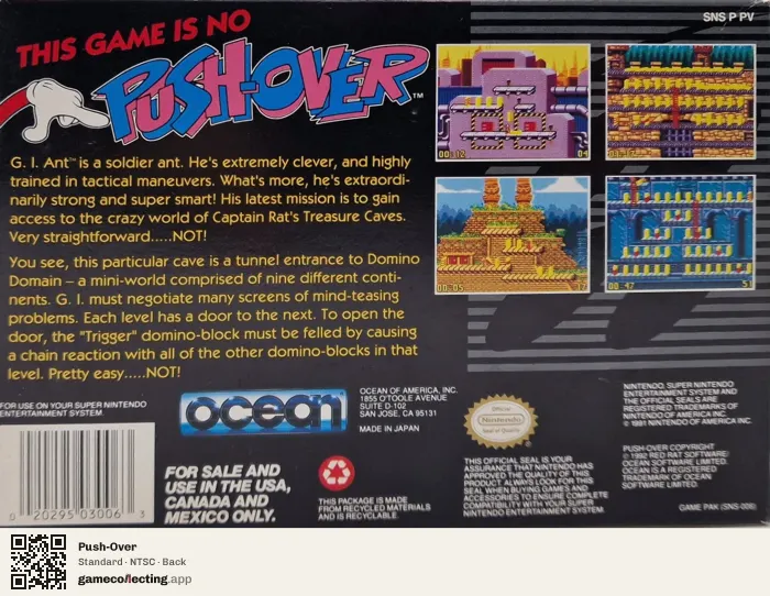 Push-Over Super Nintendo Entertainment System, NTSC box back