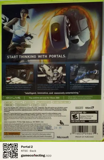 Portal 2 Xbox 360, NTSC box back