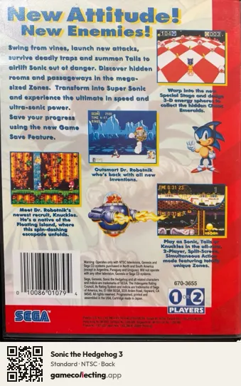 Sonic the Hedgehog 3 Sega Mega Drive / Genesis, NTSC box back