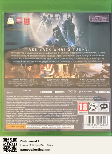 Dishonored 2 Xbox One, PAL box back