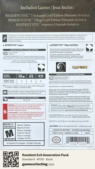 Resident Evil Generation Pack Nintendo Switch 2, NTSC box back