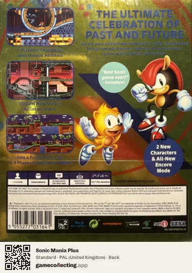 Sonic Mania Plus PlayStation 4, United Kingdom box back