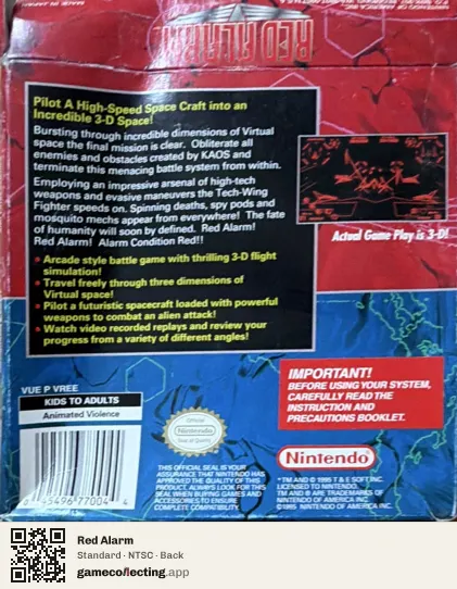 Red Alarm Virtual Boy, NTSC box back