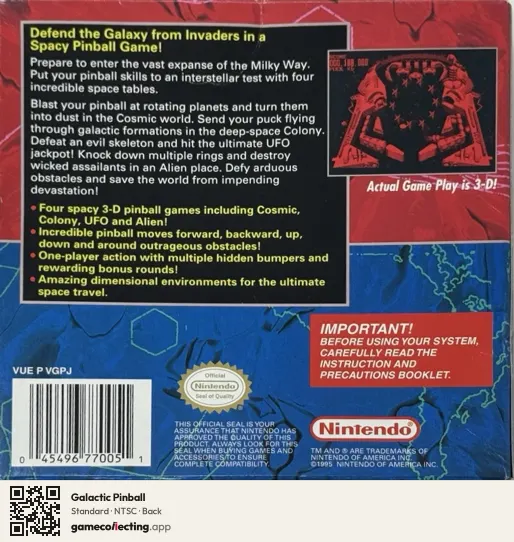 Galactic Pinball Virtual Boy, NTSC box back