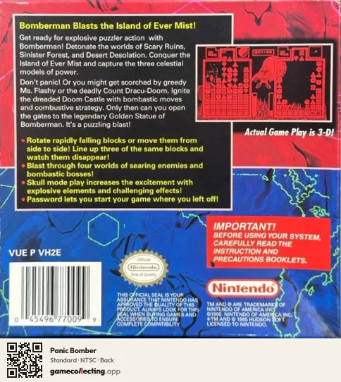 Panic Bomber Virtual Boy, NTSC box back