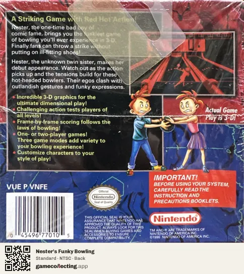 Nester's Funky Bowling Virtual Boy, NTSC box back