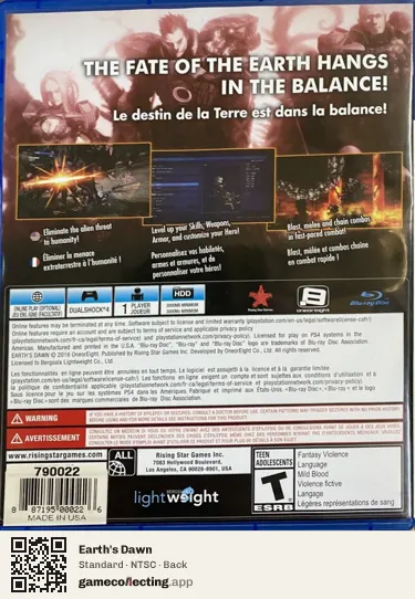 Earth's Dawn PlayStation 4, NTSC box back