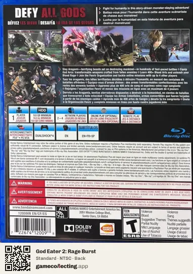 God Eater 2: Rage Burst PlayStation 4, NTSC box back