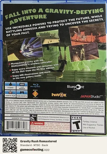 Gravity Rush Remastered PlayStation 4, NTSC box back