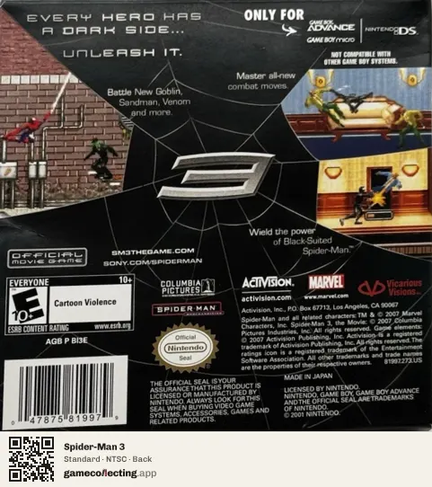 Spider-Man 3 Game Boy Advance, NTSC box back