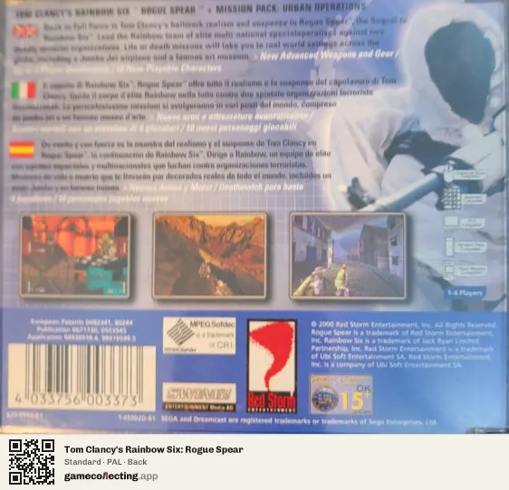 Tom Clancy's Rainbow Six: Rogue Spear Sega Dreamcast, PAL box back