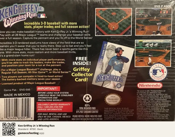 Ken Griffey Jr.'s Winning Run Super Nintendo Entertainment System, NTSC box back
