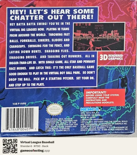 Virtual League Baseball Virtual Boy, NTSC box back